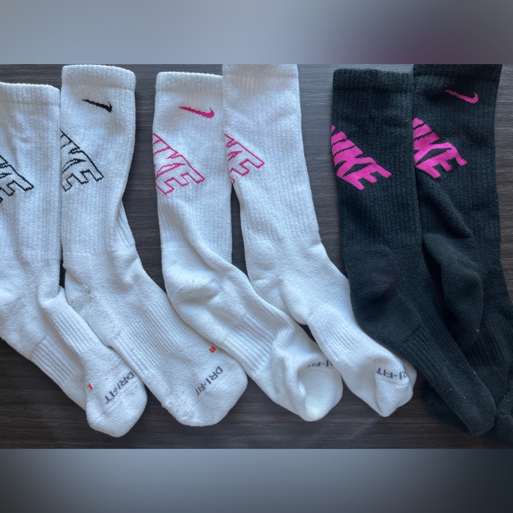 White, Pink, & Black Nike Dri-Fit Cotton Cushioned Crew Socks